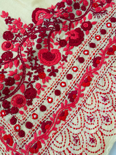 Lightweight Parsi Bullion Embroidery Pure Tussar Silk Saree | Cream yellow | Gujarati Hand Embroidery | Ships from California